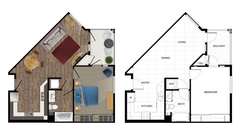 Floor plan for 1 bed, 1 bath, 665 sqft